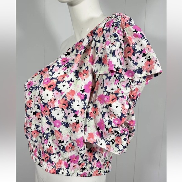 NWT  Universal Thread Sz L Womens One-Shoulder Floral Puff Sleeve Crop Top Pink - Picture 4 of 10